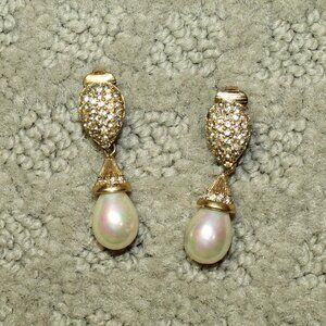 Christian Dior Vintage Gold Tone Faux Pearl Pave' Rhinestone Tear Drop Dangle